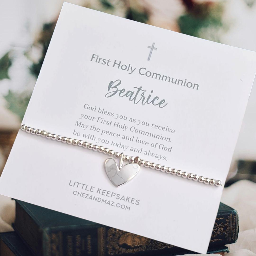 First Holy Communion Bracelet: Silver Plated Heart Charm, Personalised