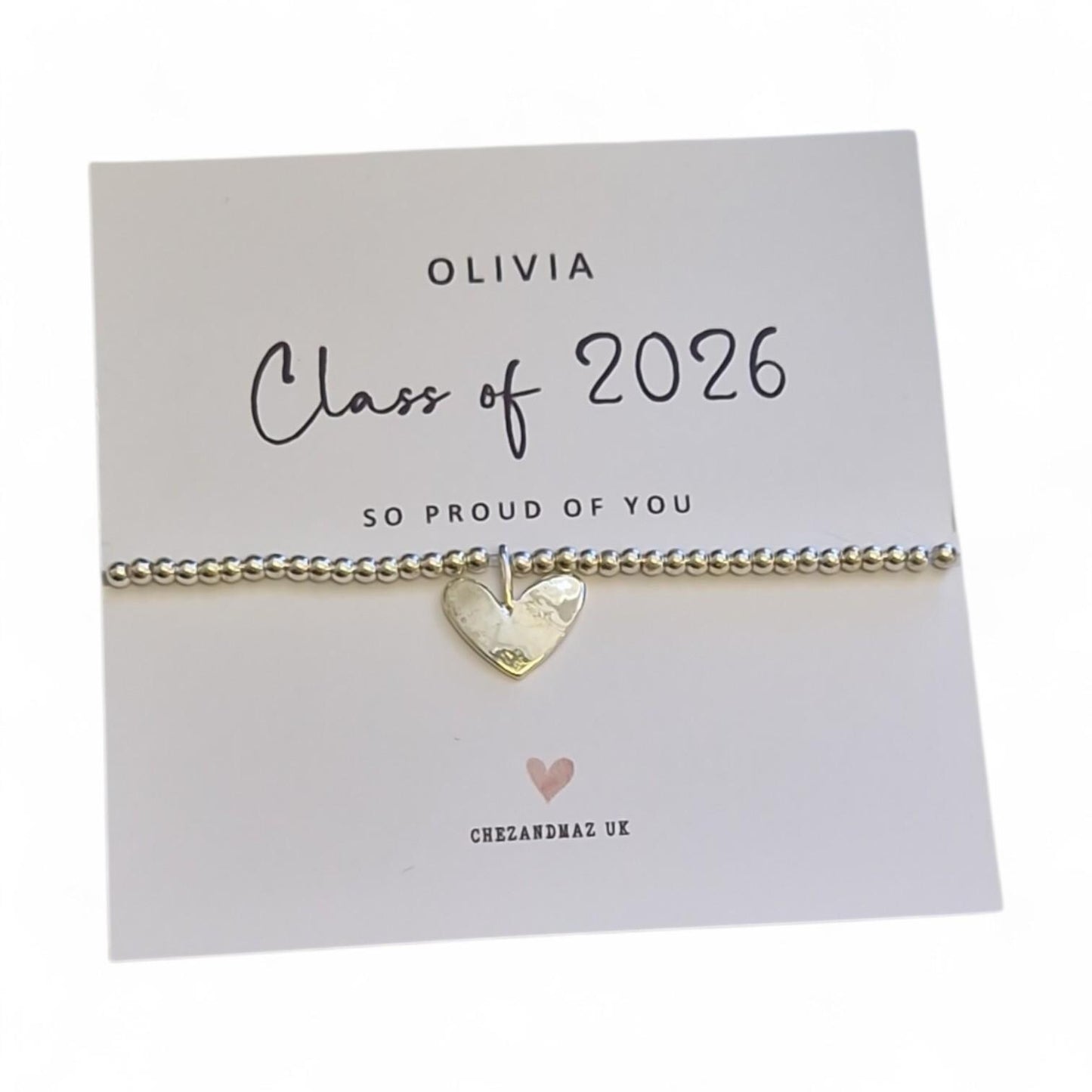 Class of 2026 Bracelet | So Proud of You Gift | Graduation Keepsake | Silver Beaded Stretch Bracelet | Acrylic Heart Charm | End of School