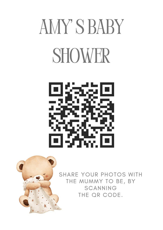 Baby shower QR Code Photo Sharing Cards: Personalised (7x10 cm A7 Size), smartphone photo sharing