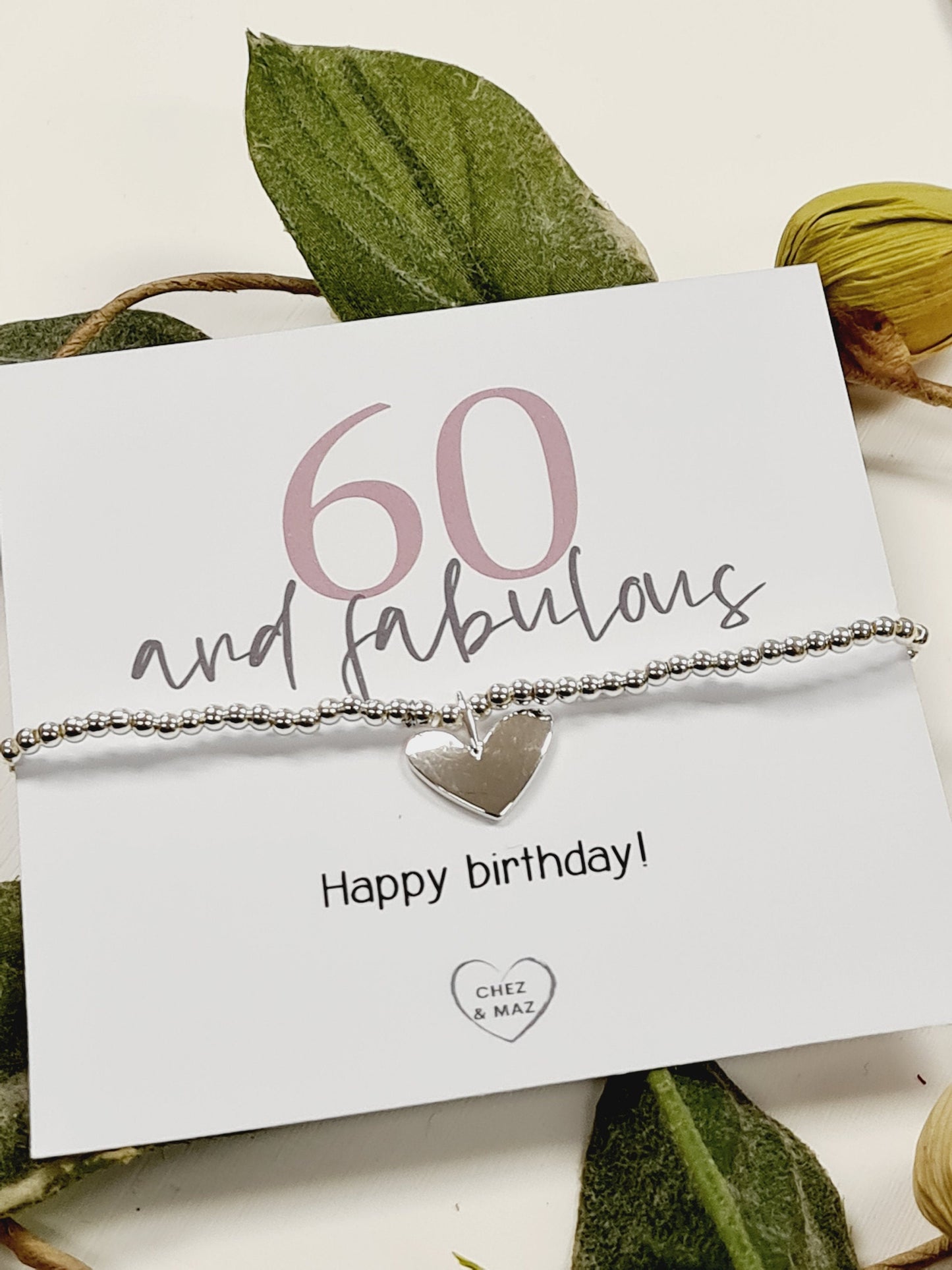 60th Birthday, Sixty, Silver Plated Charm Bracelet, Heart Charm