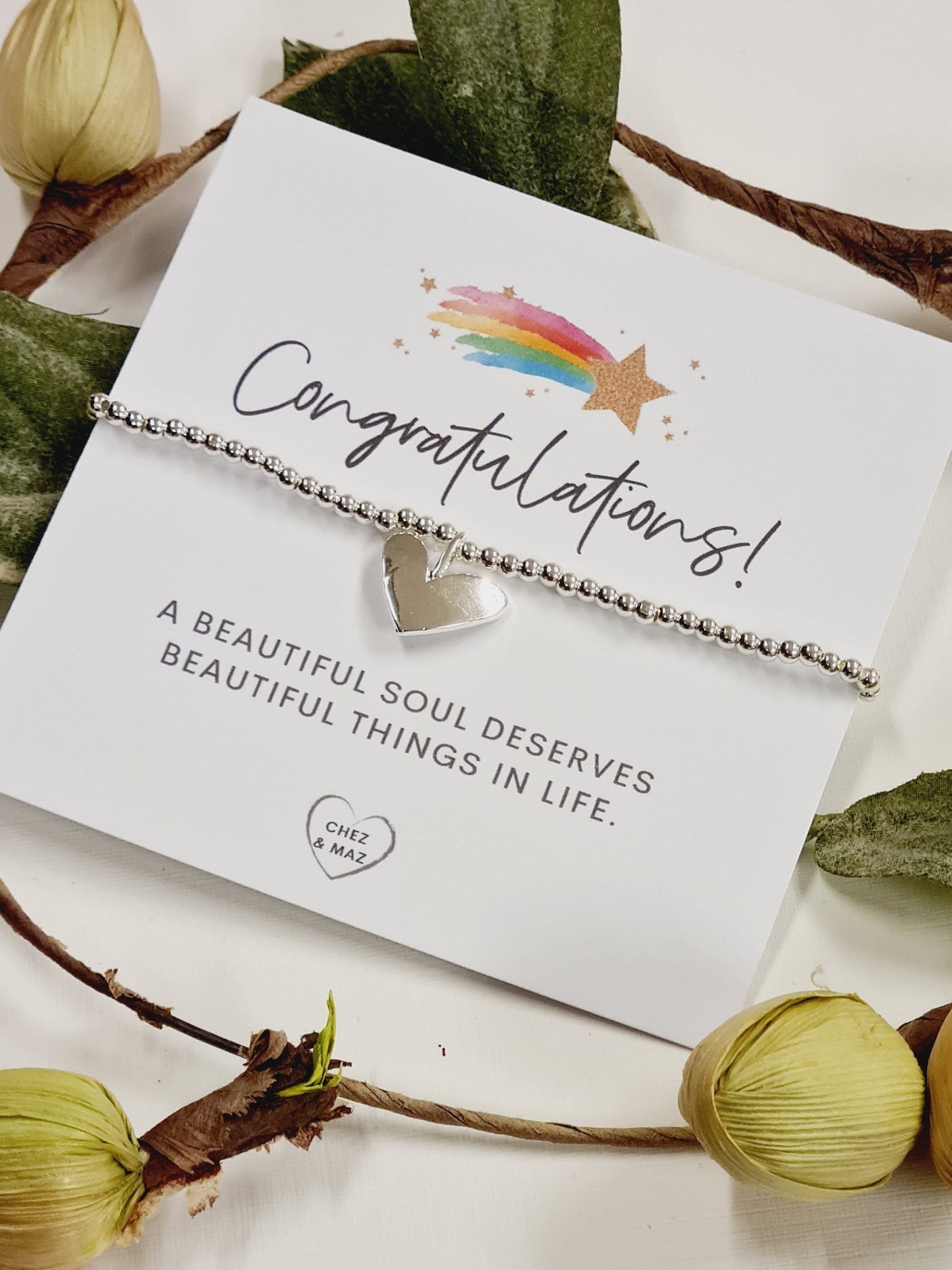 Congratulations, a beautiful soul deserves beautiful things in life - Silver plated charm bracelet & silver heart charm