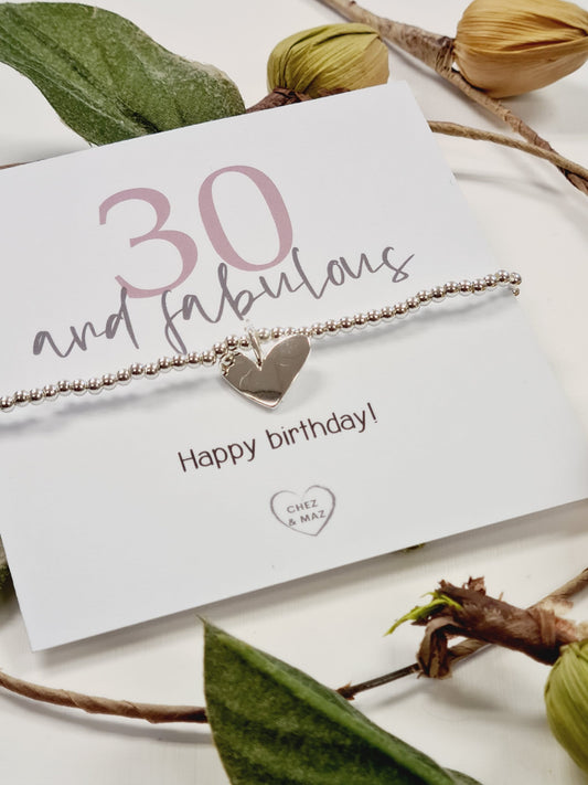 30th Birthday, Thirty, Silver Plated Charm Bracelet: Heart Charm 30 and Fabulous