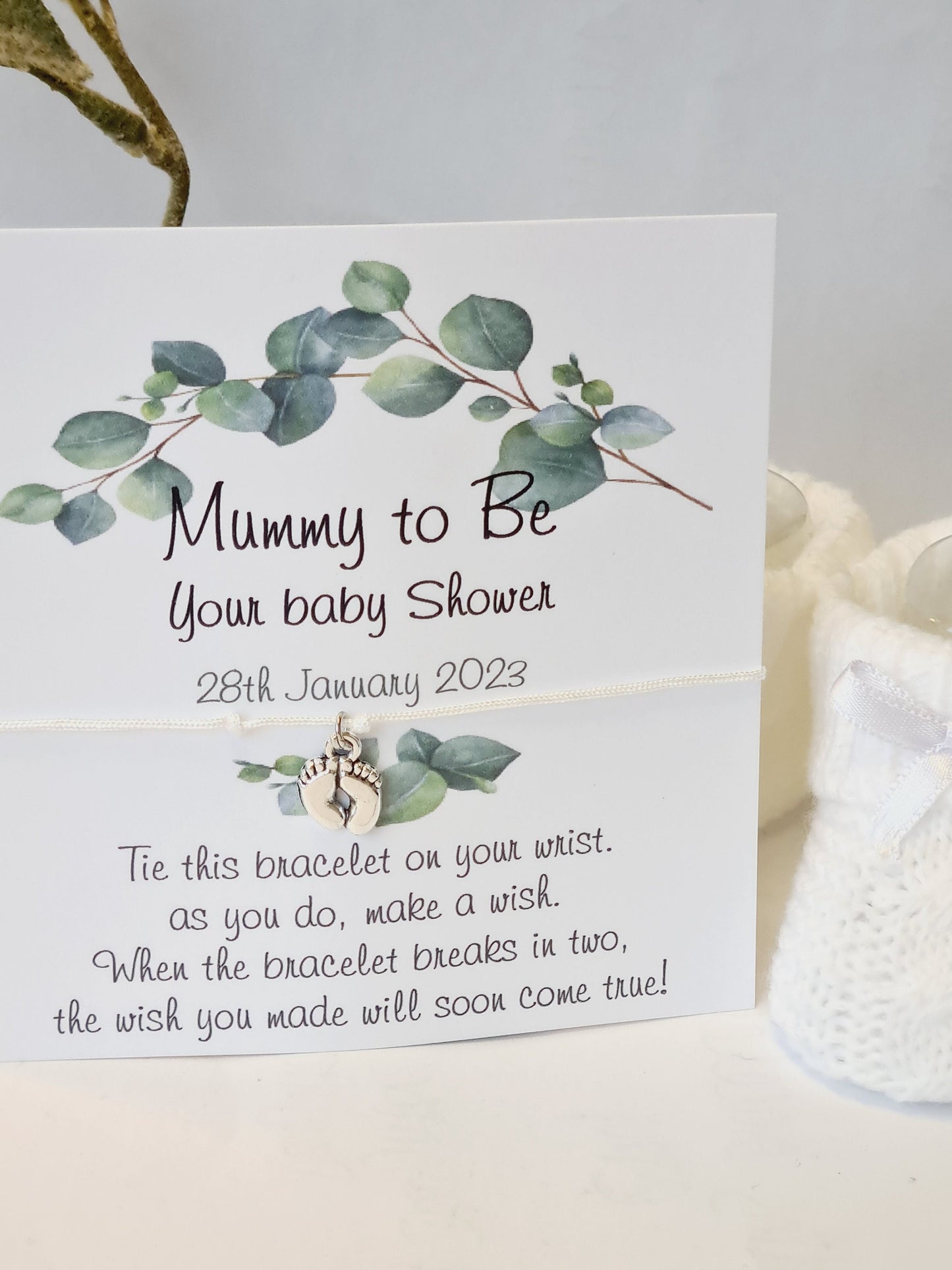 Eucalyptus Baby Shower Wish Bracelet Favour | Personalised Greenery Baby Shower Keepsake | Gender Neutral Party Gift for Guests