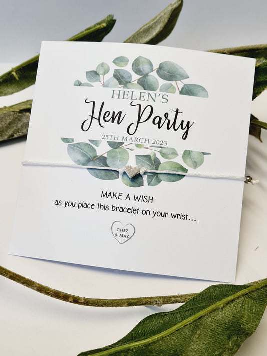 Eucalyptus Hen Party Wish Bracelets - Personalised - Goodie Bag Filler - Hen Weekend, Hen Do, Girls Weekend - CM335