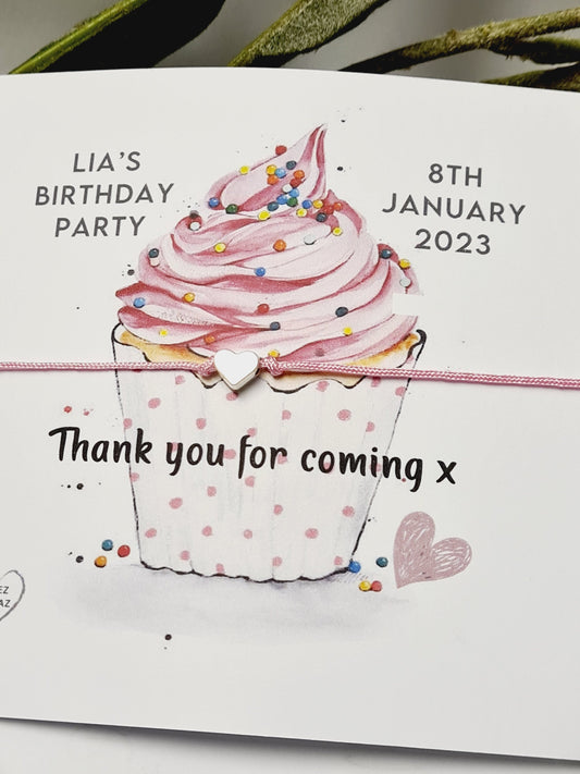 Thank you for coming to my party wish string charm bracelet - Party bag Goodie filler - Personalised -Birthday Cake Cupcake Design - CC4