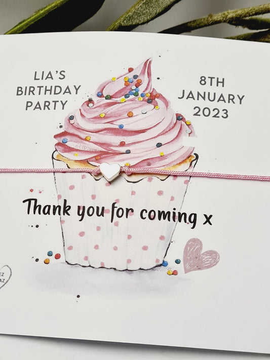 Thank you for coming to my party wish string charm bracelet - Party bag Goodie filler - Personalised -Birthday Cake Cupcake Design - CC4