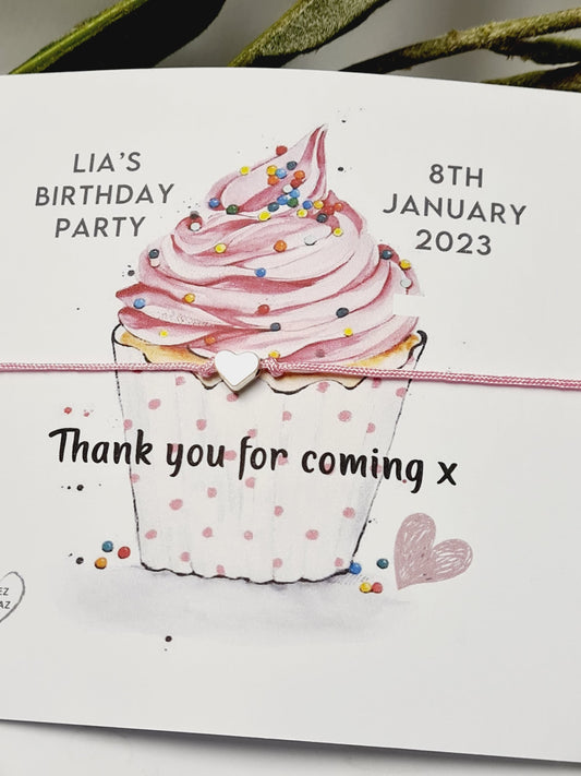 Thank you for coming to my party wish string charm bracelet - Party bag Goodie filler - Personalised -Birthday Cake Cupcake Design - CC4