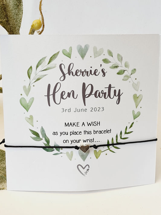 Hearts and leaves wreath Hen Party Wish Bracelets - Personalised - Goodie Bag Filler - Hen Weekend, Hen Do, Girls Weekend - CM234
