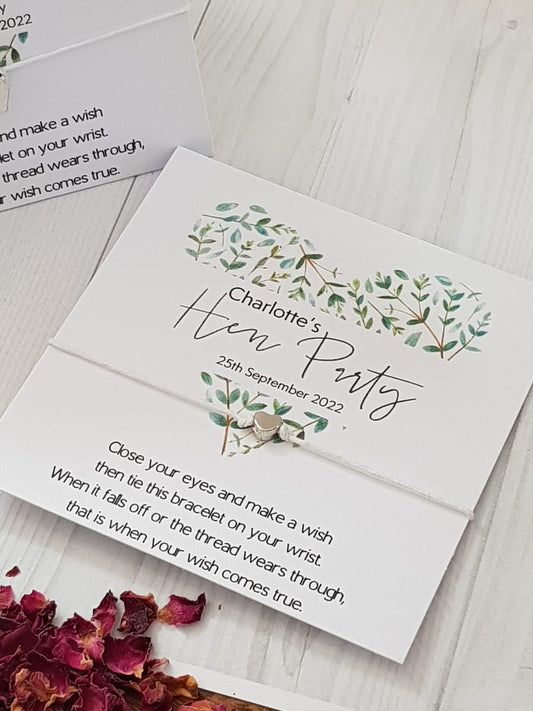 Hen Party Wish Bracelet: Eucalyptus Heart, Bride To Be, keepsake, Personalised