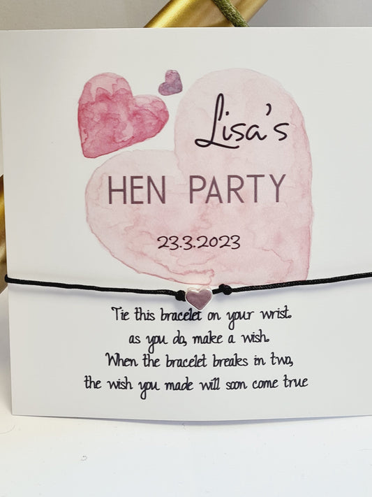 Heart Personalised Hen Party Wish Bracelets - Goodie Bag Filler - Hen Weekend, Hen Do, Girls Weekend - Pink Heart - Bride to Be-PH76