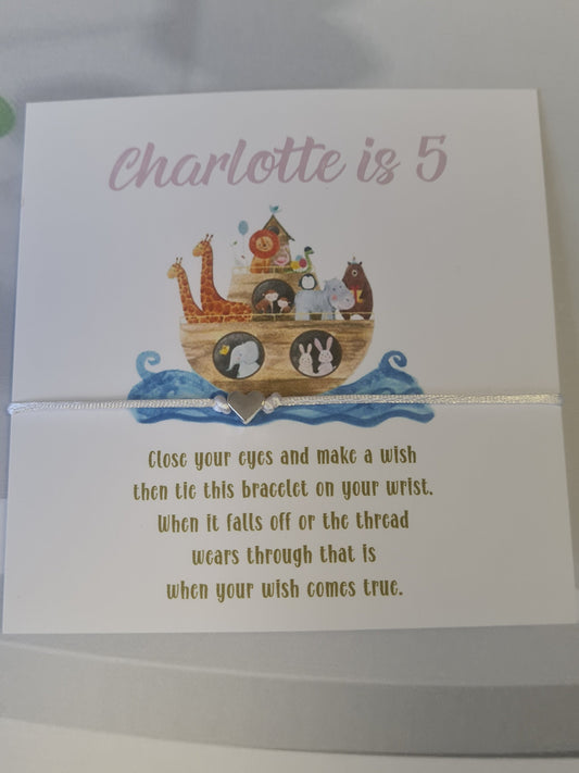 Noah's Ark Animals - wish string charm bracelet - Party bag filler - Personalised - Any age - Batmitzvah - Christening - Party -Birthday JA6