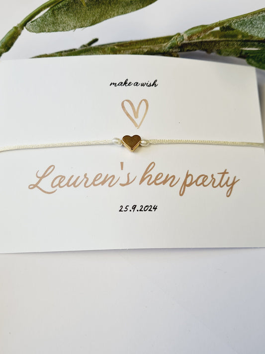 Simple Heart Hen Party Wish Bracelets - Personalised - Goodie Bag Filler - Hen Weekend, Hen Do, Girls Weekend - Bride to Be - g12