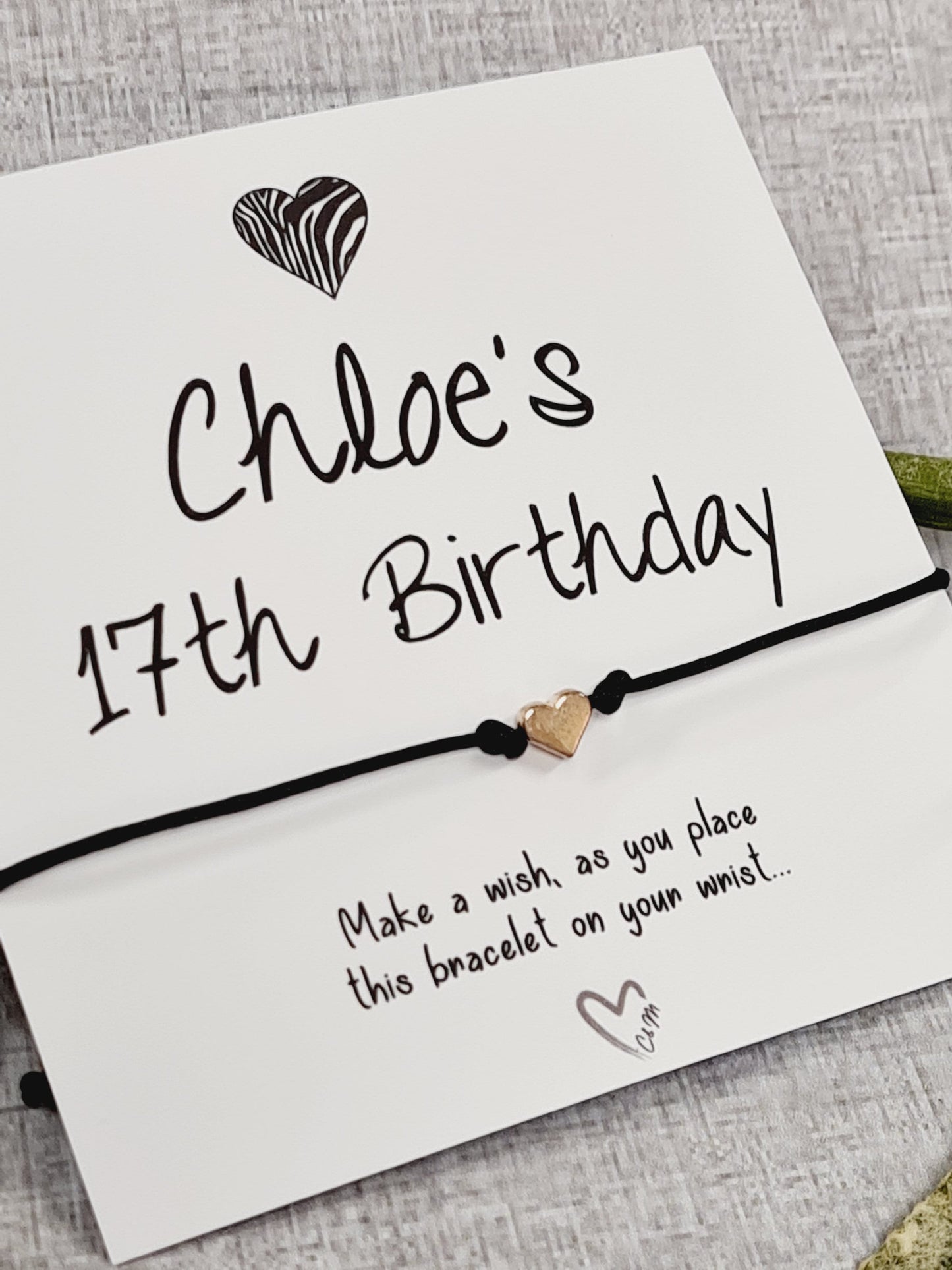 Heart Design Birthday BLack - wish string charm bracelet - Party bag filler - Personalised - Any age - Batmitzvah - Christening - Party A5