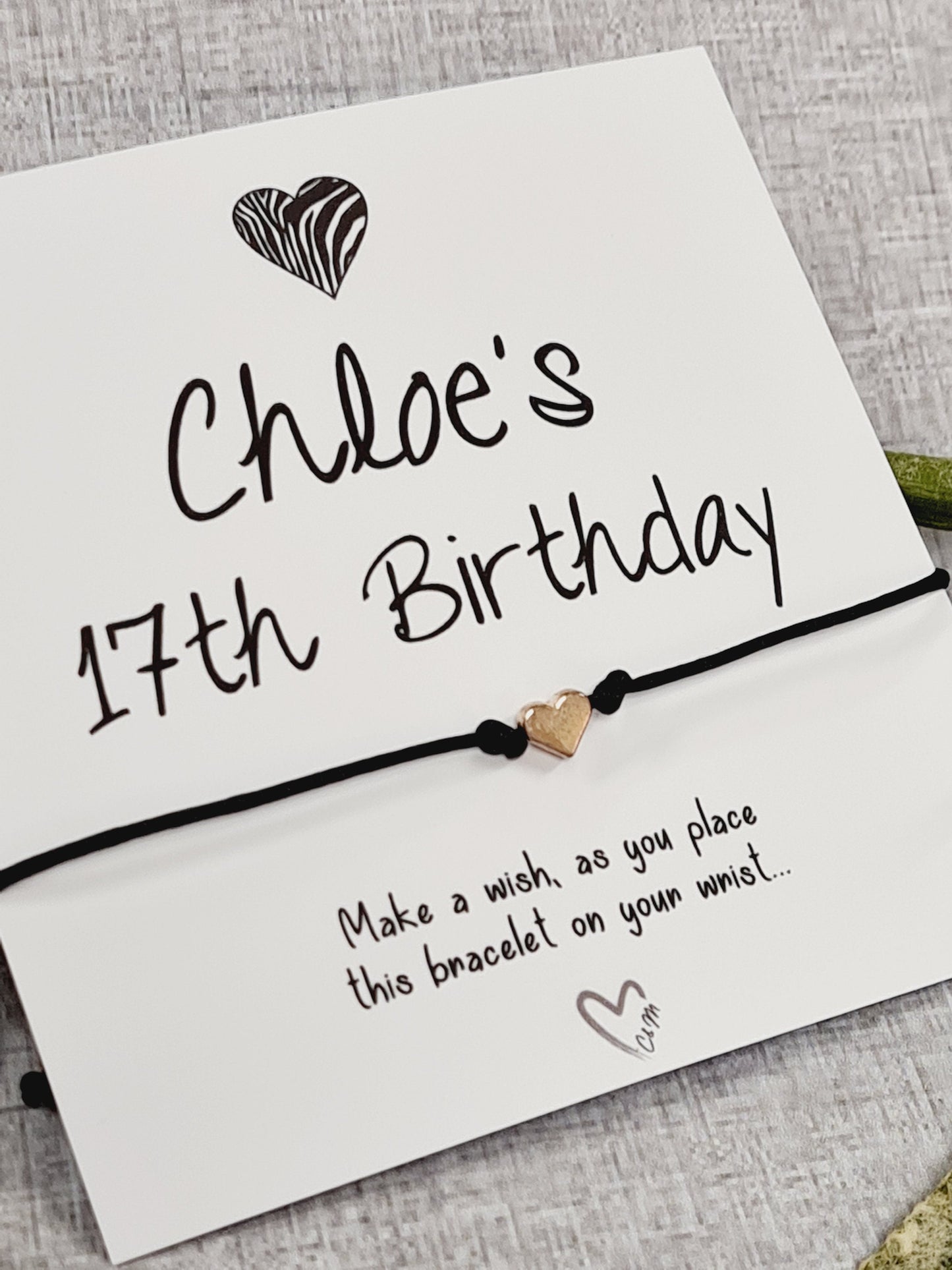 Heart Design Birthday BLack - wish string charm bracelet - Party bag filler - Personalised - Any age - Batmitzvah - Christening - Party A5