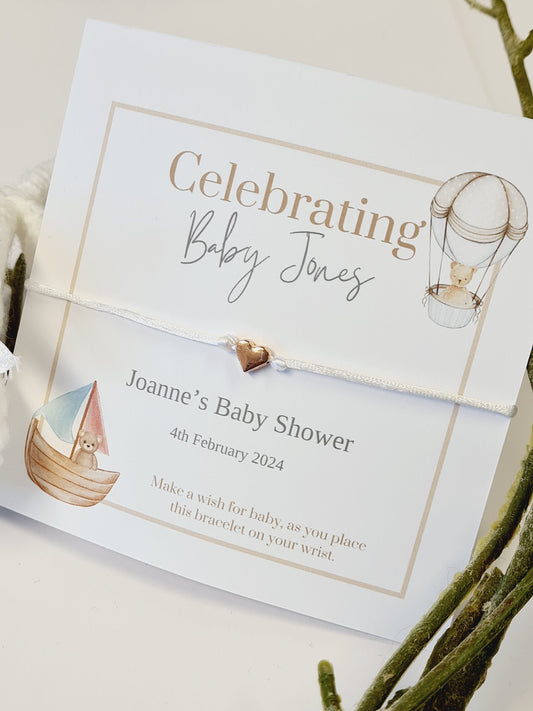 Teddy Bear Balloon & Boat - Personalised Baby Shower Wish Bracelet, Mummy to Be, Charm String Bracelet, Aqiqah Gift -Celebrating Baby -IG6