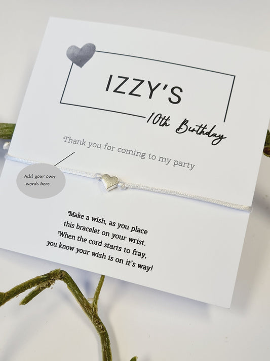 Personalized Wish Bracelet: Silver Heart Charm, Birthday Party Favor