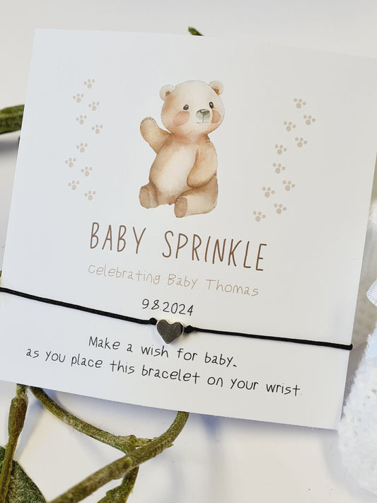 Baby Sprinkle-Teddy Bear-Personalised Baby Shower Wish Bracelet, Mummy to Be, Charm String Bracelet, Personalised Gift -Celebrating Baby-tr3