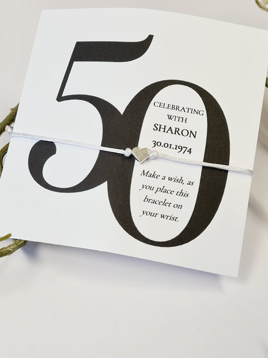 Pack of 10, 50th Birthday Wish Bracelet Party Favour Gift, Milestone, Birthday Keepsake, Personalised