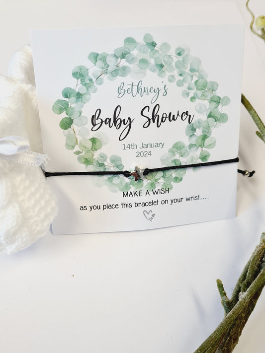 Eucalyptus Baby Shower Wish Bracelet: Personalised Charm String Gift, Boho, Fern - Gender Neutral