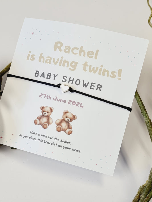 Twins Baby Shower Wish Bracelet: Personalised Charm String, Mummy To Be - Gender Neutral