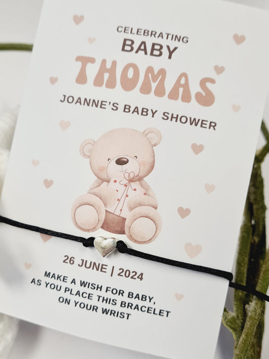 Teddy Bear - Personalised Baby Shower Wish Bracelet, Mummy to Be, Charm String Bracelet, Personalised Gift -Celebrating - Aqiqah -B23