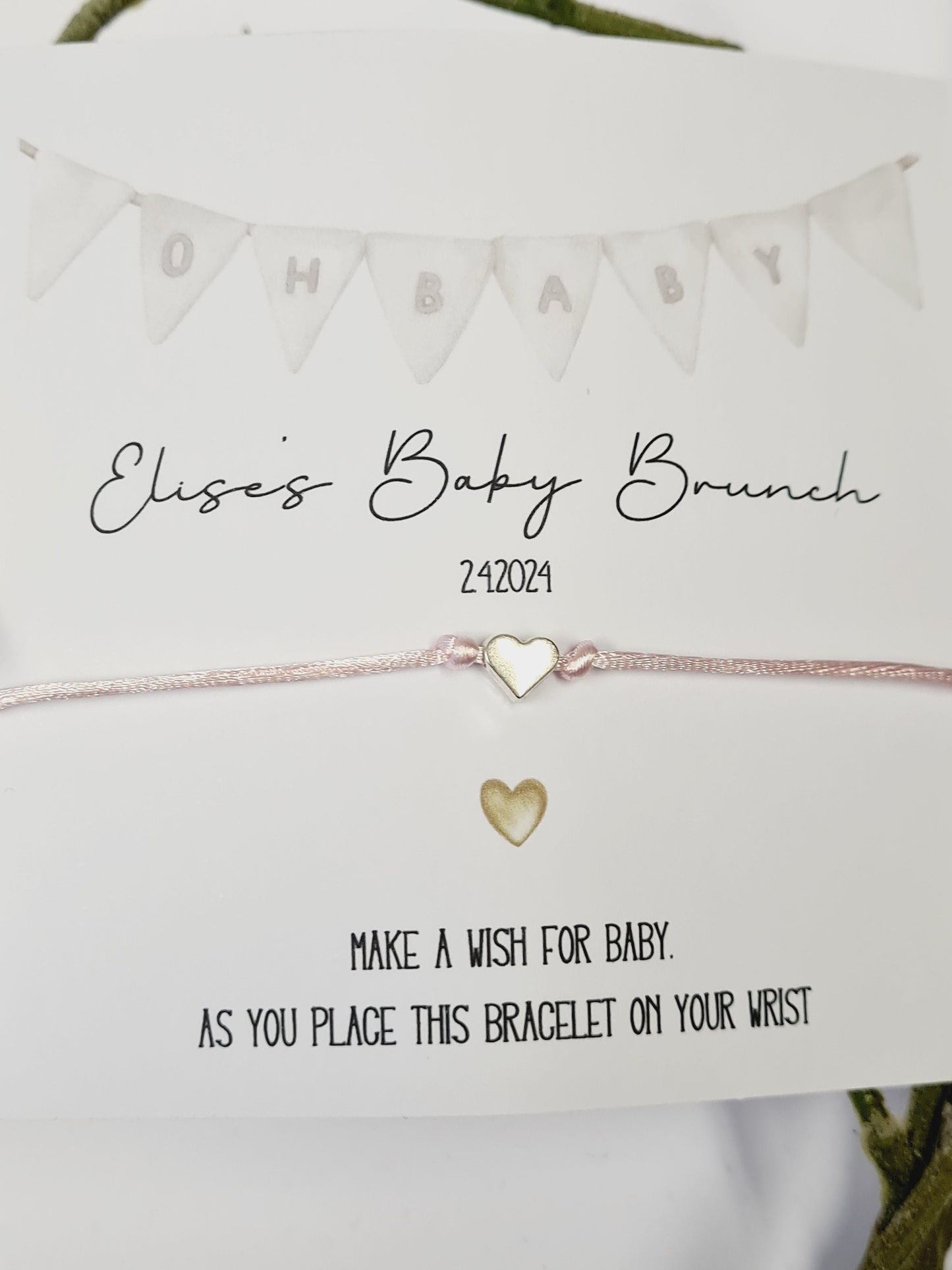 Personalised Baby Shower Wish Bracelet: Silver Heart Charm - Bunting Design - Oh Baby