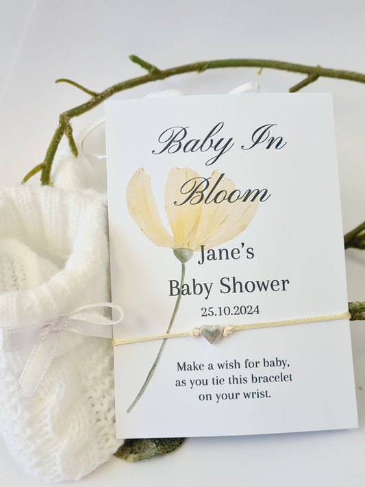 Baby in Bloom- Personalised Baby Shower Wish Bracelet, Mummy to Be, Charm String Bracelet, Personalised Gift -Celebrating Baby - V6