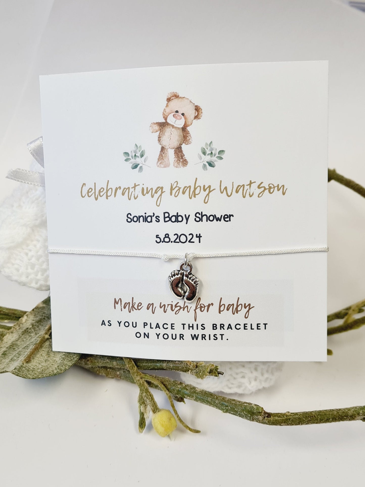Personalised Baby Shower Wish Bracelet: Teddy Bear Design - Charm Bracelet - Gender Neutral