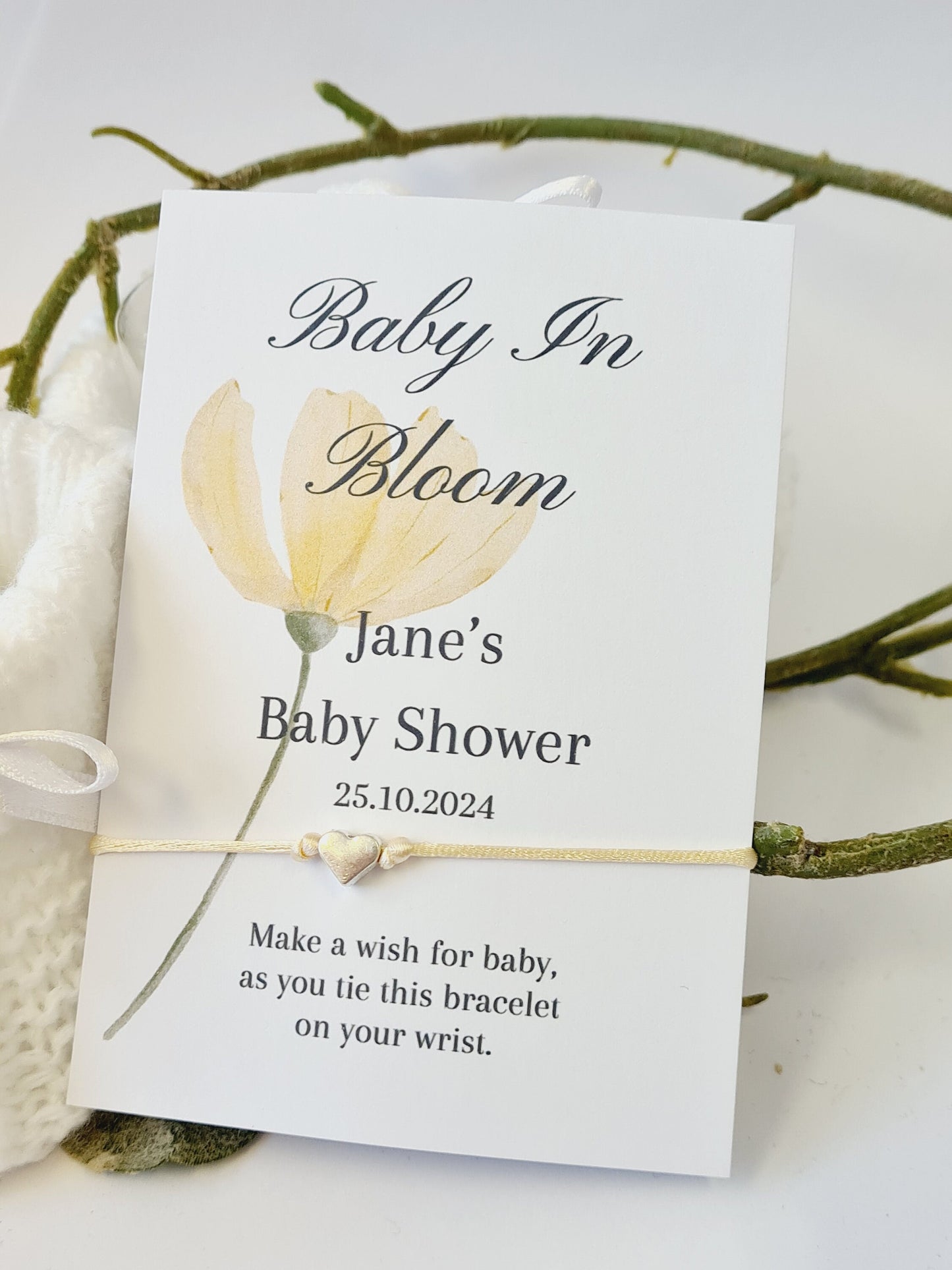 Baby in Bloom- Personalised Baby Shower Wish Bracelet, Mummy to Be, Charm String Bracelet, Personalised Gift -Celebrating Baby - V6