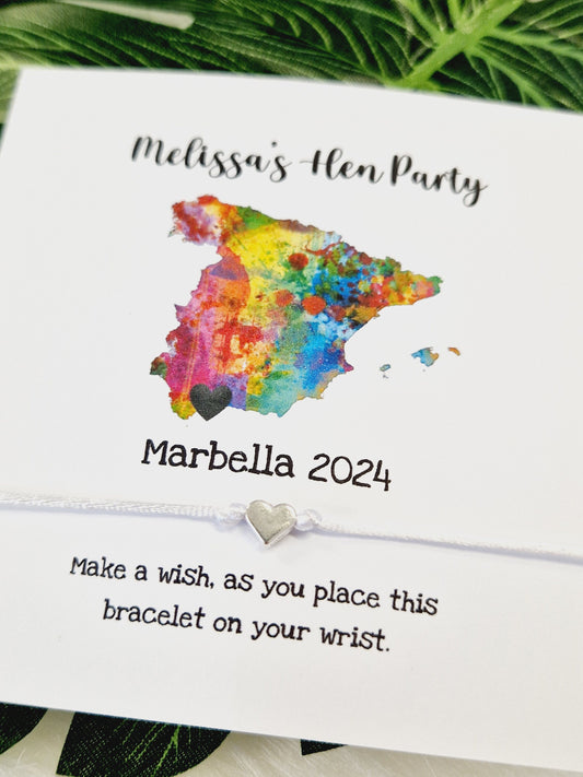 Marbella - Spain Map with heart - Hen Party Personalised Wish Bracelets - Calligraphy - Girls Weekend- Hen Do- MV6
