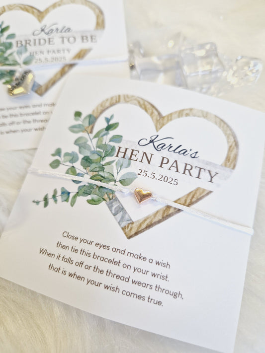 Eucalyptus heart Hen Party Wish Bracelets - Personalised - Goodie Bag Filler - Hen Weekend, Hen Do, Girls Weekend - Bride to Be - EH3