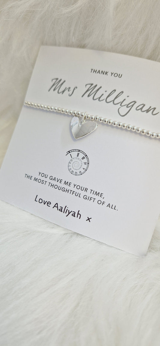 Teacher Thank You Gift: Silver Beaded Charm Bracelet - You gave me your time - Senco, Teaching Assistant. Personalised