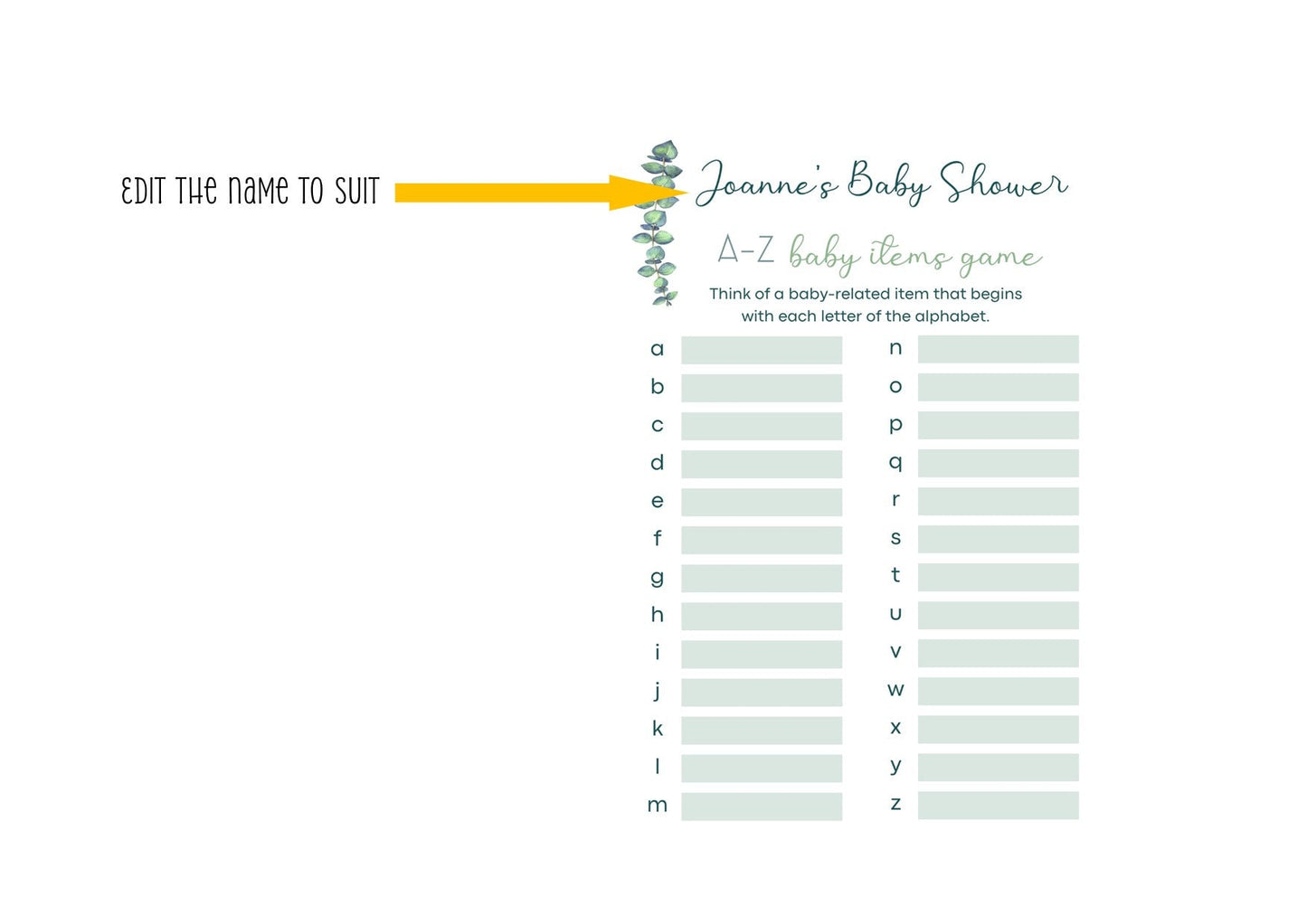 Personalised Eucalyptus Baby Bingo Game I Download I Baby Bingo Game I Baby I Shower I Instant Download I Editable Template I Eu77