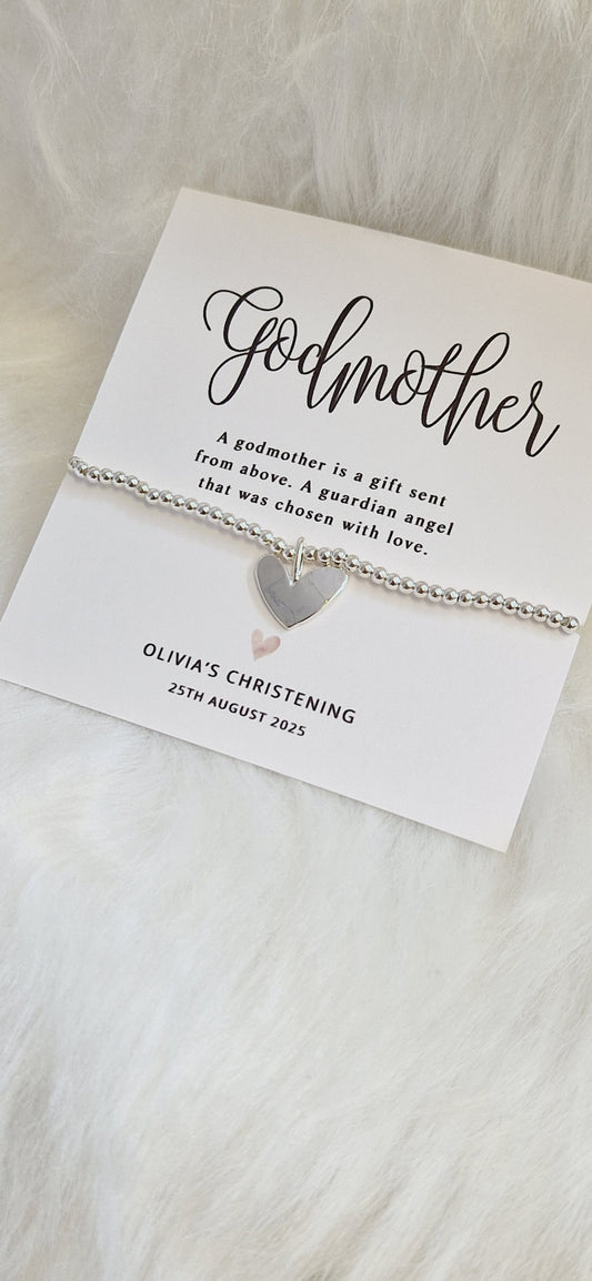 Personalised GodmotherI Christening I Baptism Gift I Silver plated Ball Stretch Bracelet I Dainty Silver - Charm Bracelet Charm -56B