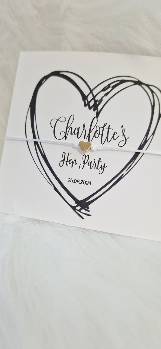 Personalised Wish String - Black Heart, Hen Do, Tea Bride, Bride to Be Hen Party Wish Bracelet: Silver Heart Charm