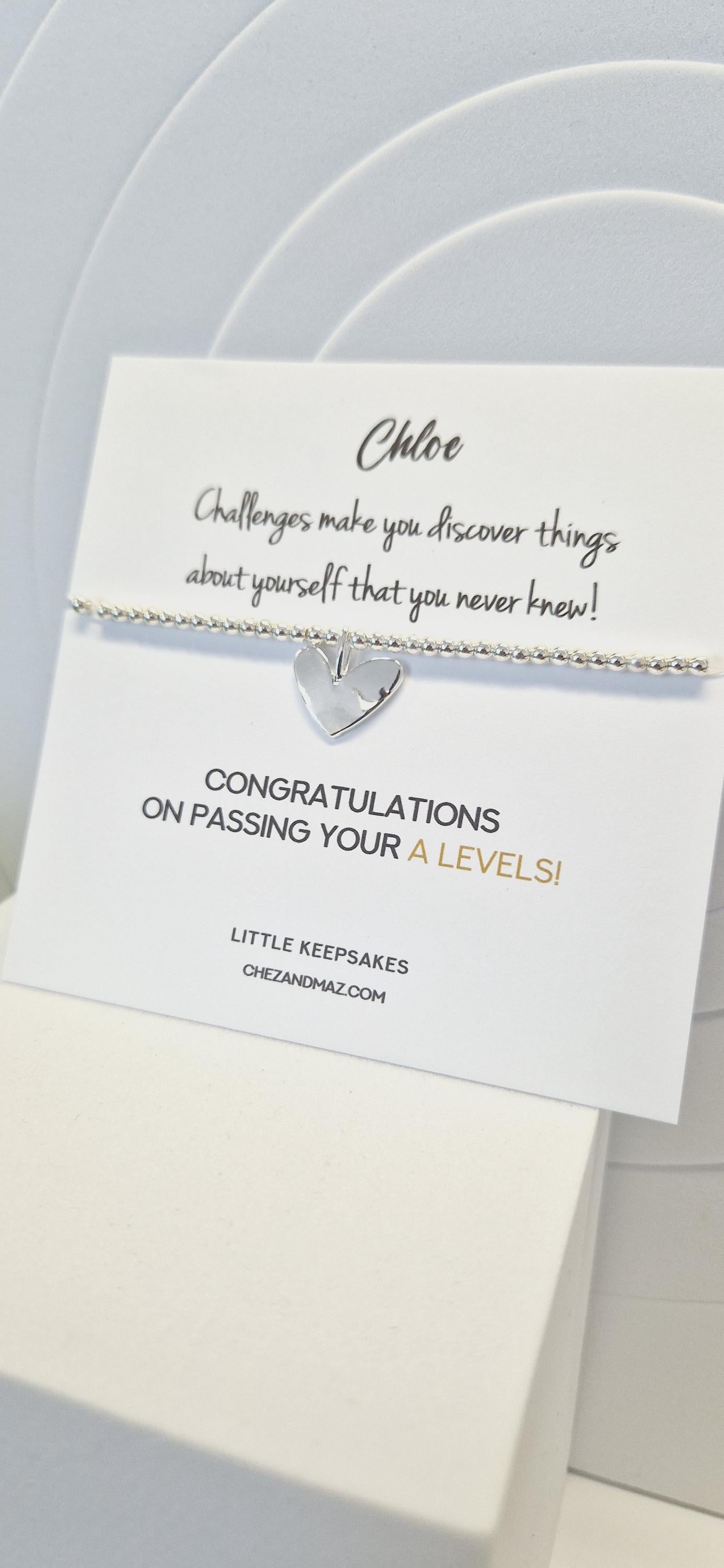 Exams, GCSE, Degree, BTEC, Personalised A-Levels Congratulations Silver Plated Heart Charm Bracelet