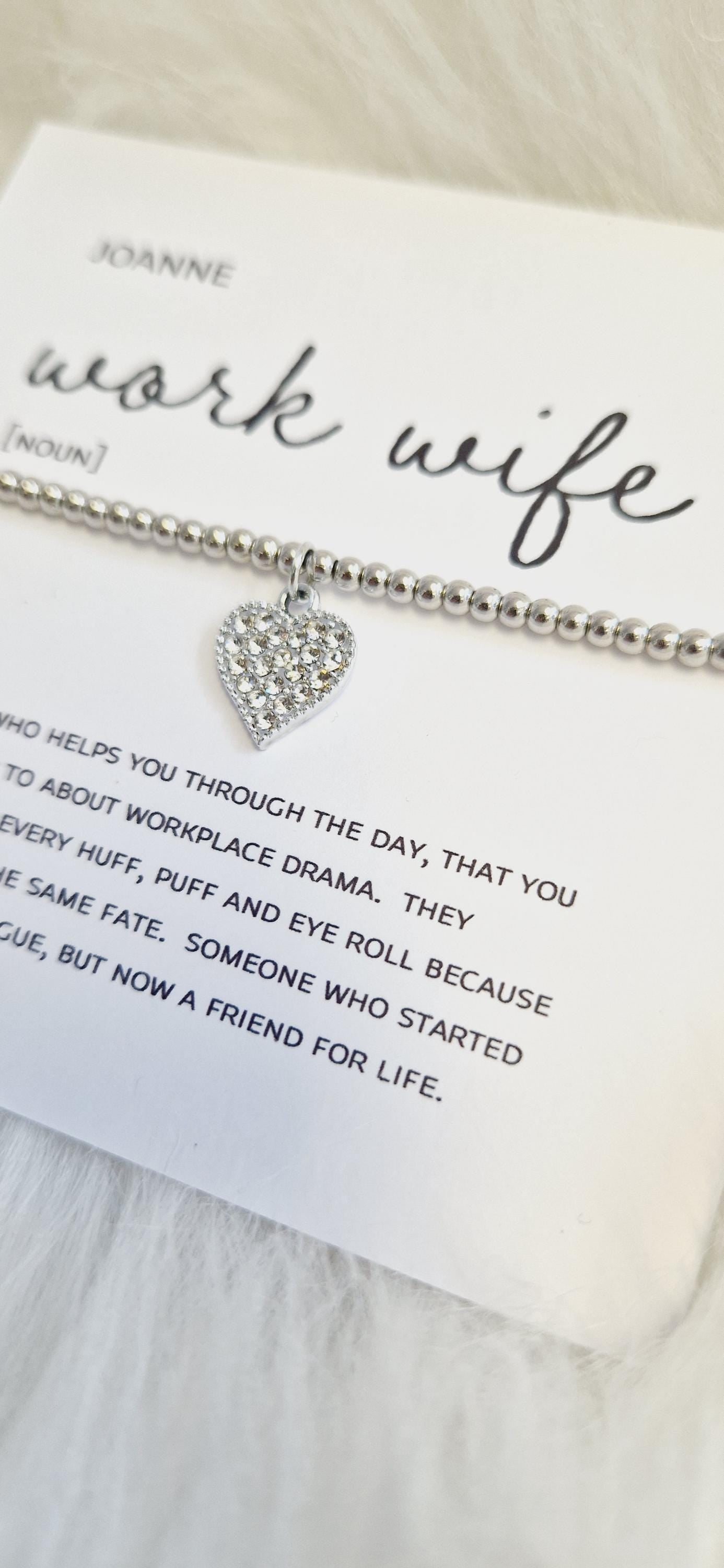 Personalised Work Wife Bracelet: Silver Plated Rhinestone Heart Charm