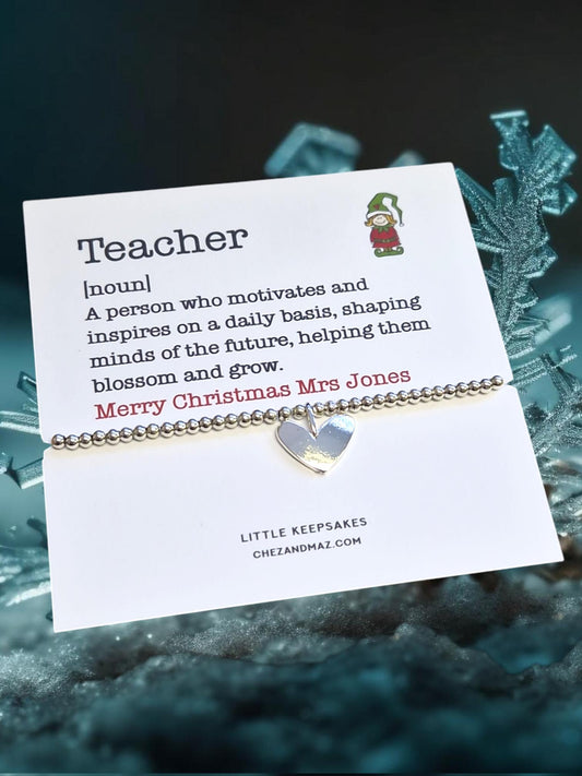 Personalised Teacher Definition Backing Card and Bracelet- Silver Plated Charm Bracelet & Heart Charm - Gift I Christmas Gift