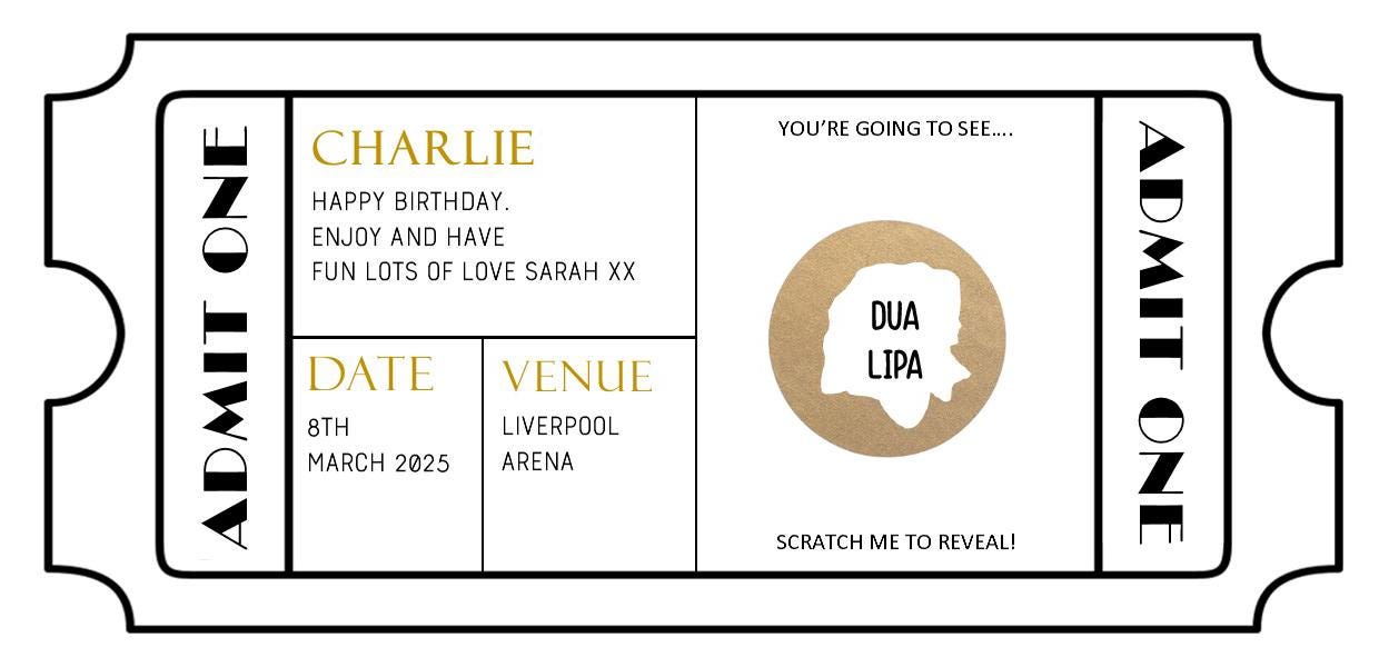Personalised Scratch Off Concert Ticket Reveal Card, Festival, music