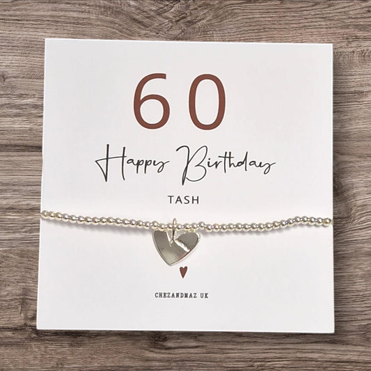Sixty - Sixtieth Personalised 60th Birthday Bracelet: Silver Plated Heart Charm