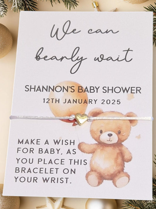 Teddy Bear Baby Shower Wish Bracelet: Personalised Charm String - Gender Neutral