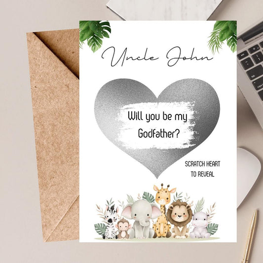 Will you be my Godfather Animals- Will you be my GodParent? Scratch Reveal Postcard, Scratch off Card Surprise