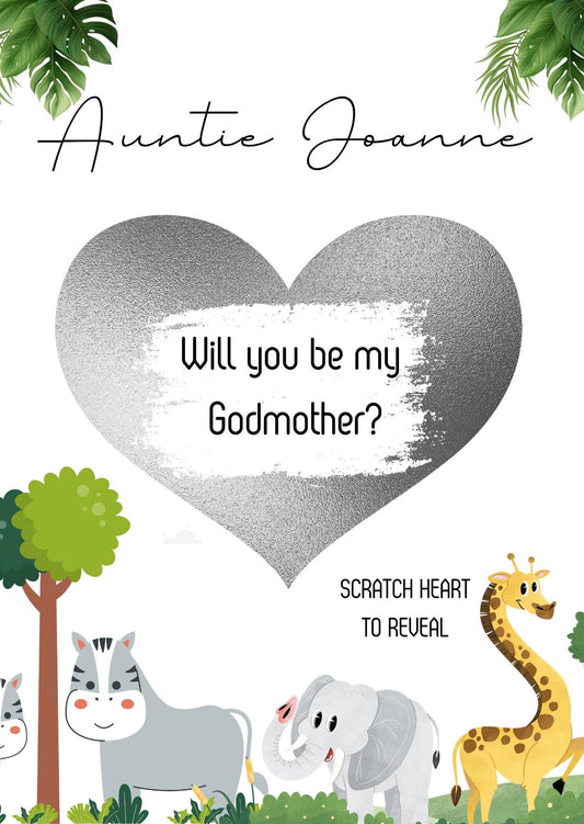 Will you be my Godmother Animals- Will you be my GodParent? Scratch Reveal Postcard, Scratch off Card Surprise