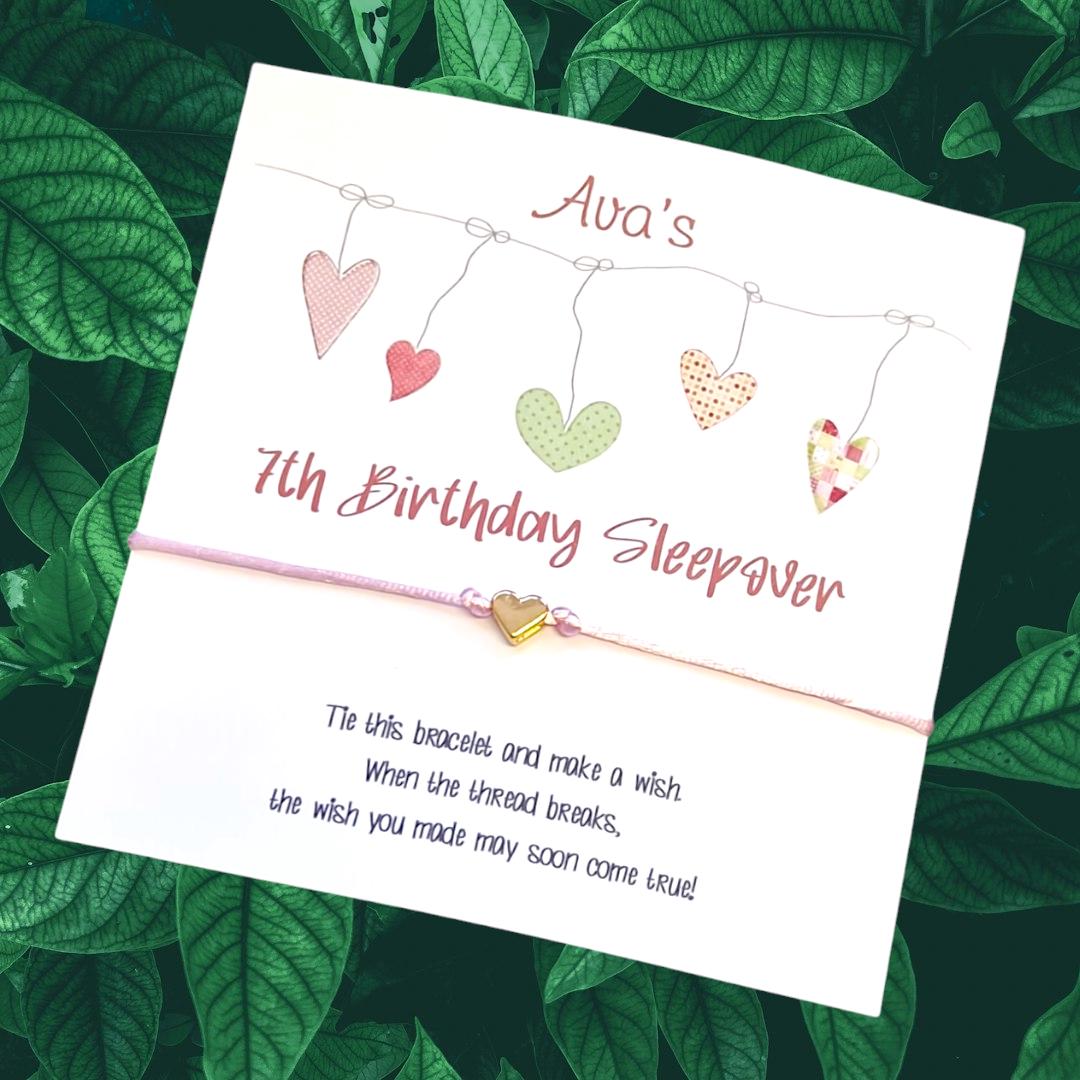 Sleepover Birthday - Dangling Hearts - Wish String Charm Bracelet - Party bag filler - Personalised - Any age - Slumber Party 801