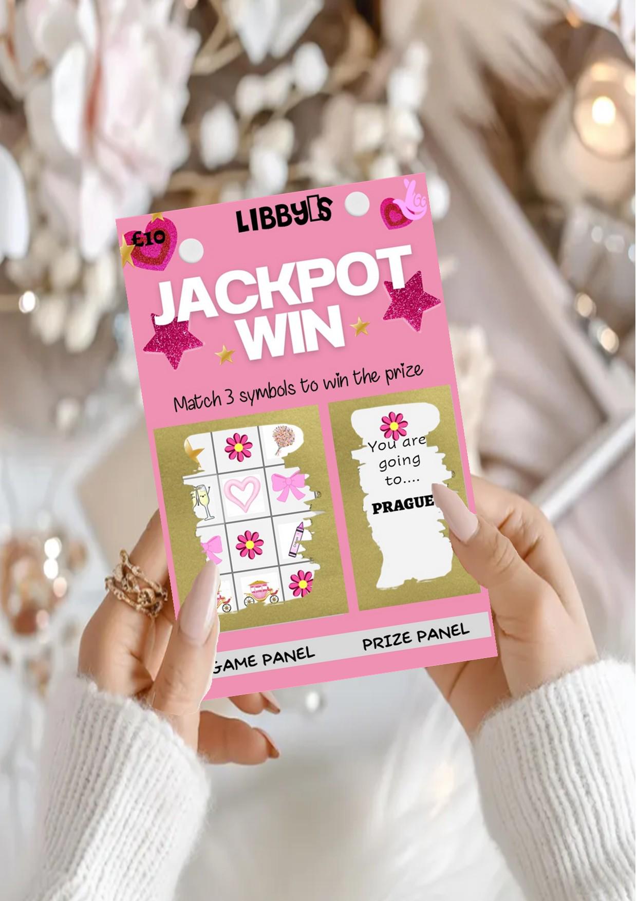 Personalised Jackpot Pink Scratchcard: Surprise Reveal Gift Voucher, Holiday, Christmas, Money, Concert