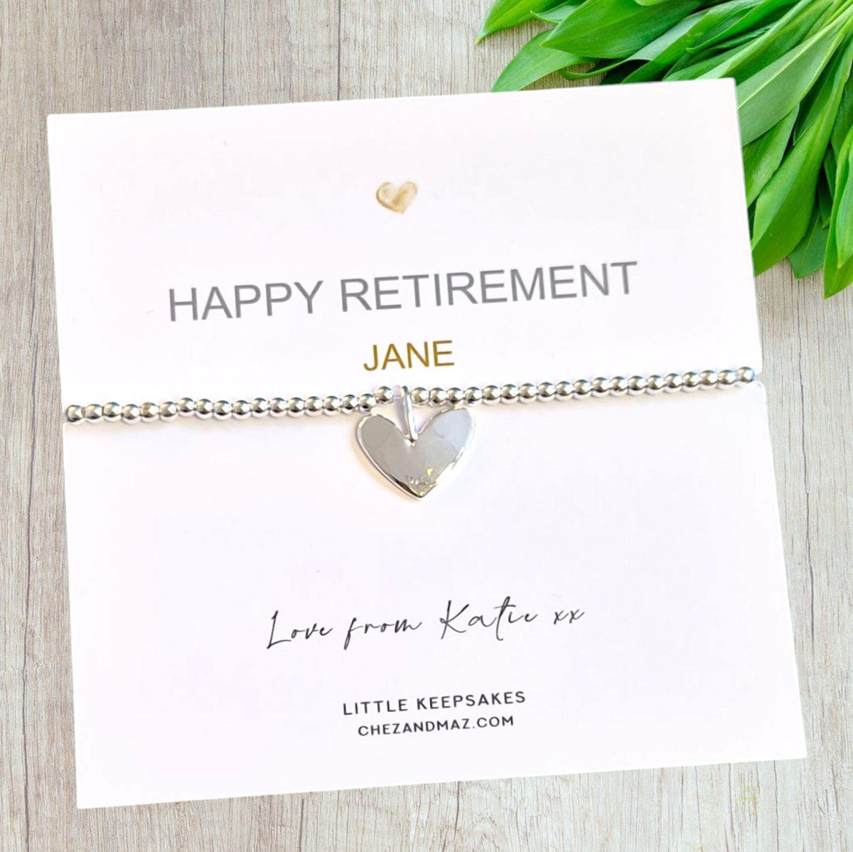 Retirement Bracelet, Personalised Retiring | Happy Retirement | Silver Plated Charm Bracelet Heart Charm mu77