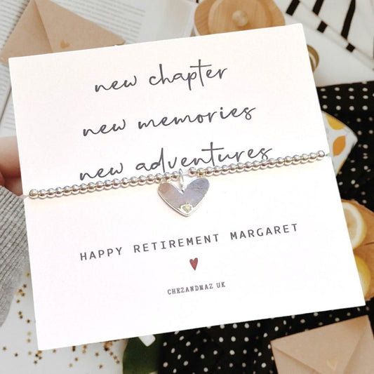 Retirement Bracelet, Personalised | Good Luck I New Chapter I New Memories I New Adventures | Silver Plated Charm Bracelet RT100