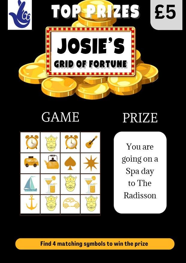 Scratch to Reveal Card: Grid of Fortune Lucky Ticket Personalised- Scratch to Reveal Jackpot, Money Holiday, Concert
