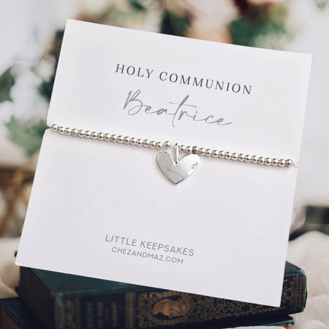 Personalised First Holy Communion Bracelet: Silver Plated Heart Charm- Keepsake - Baptism