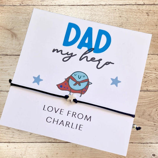 Dad My Hero I Personalised I Black Bracelet I Star Charm I Fun Gift for Fathers Day I Wish Bracelet I Backing Card I Gift to Dad I Keepsake